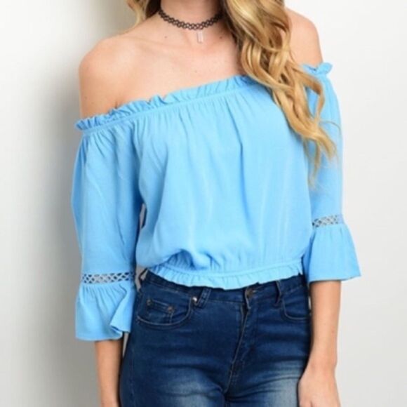 Blue Off The Shoulder Crop Top  - Picture 6 of 6